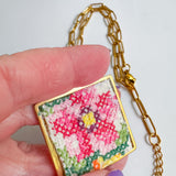 Floral Vintage Embroidered Charm Necklace, Handmade Sentimental Jewelry