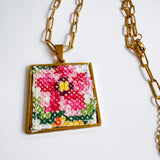 Floral Vintage Embroidered Charm Necklace, Handmade Sentimental Jewelry