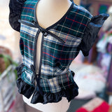 Repurposed Vintage Blue Plaid Tie Front Peplum Vest With Ruffle