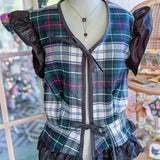 Repurposed Vintage Blue Plaid Tie Front Peplum Vest With Ruffle