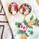 Whimsical Embroidery Stud Earrings,  Repurposed Vintage Earrings