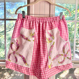 Handmade Pink Gingham Floral Mid Rise Shorts With Oversize Embroidered Pockets