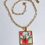 Floral Vintage Embroidered Charm Layering Necklace, Handmade Sentimental Jewelry