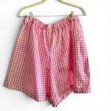 Handmade Pink Gingham Floral Mid Rise Shorts With Oversize Embroidered Pockets
