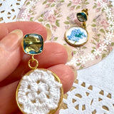 Whimsical Blue and White Floral Embroidered Dangle Earrings,  Repurposed Vintage Earrings