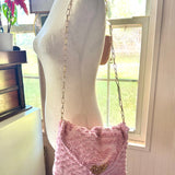 Vintage Repurposed Chenille Fabric Shoulder Bag with Brooch Embellishment| Pink Fabric Handbag