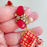 Gingham Red and Pink Statement Earrings