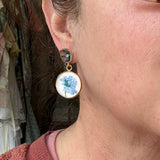 Whimsical Blue and White Floral Embroidered Dangle Earrings,  Repurposed Vintage Earrings
