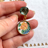 Whimsical Floral Embroidered Dangle Earrings,  Repurposed Vintage Earrings