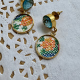 Whimsical Floral Embroidered Dangle Earrings,  Repurposed Vintage Earrings