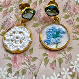 Whimsical Blue and White Floral Embroidered Dangle Earrings,  Repurposed Vintage Earrings
