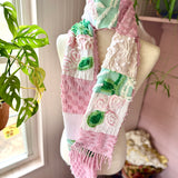 Repurposed Pink and Green Floral Vintage Chenille Patchwork Scarf
