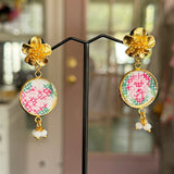 Whimsical Floral Embroidered Dangle Earrings,  Repurposed Vintage Earrings