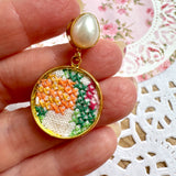 Whimsical Floral Embroidered Dangle Earrings,  Repurposed Vintage Earrings