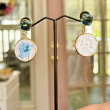 Whimsical Blue and White Floral Embroidered Dangle Earrings,  Repurposed Vintage Earrings