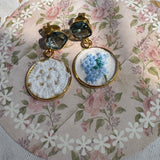 Whimsical Blue and White Floral Embroidered Dangle Earrings,  Repurposed Vintage Earrings