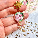 Whimsical Floral Embroidered Dangle Earrings,  Repurposed Vintage Earrings