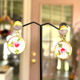 Whimsical Floral Embroidered Dangle Earrings,  Repurposed Vintage Earrings