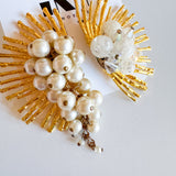 Starburst Gold and Pearl Asymmetrical Dangle Earrings