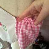 Pink Gingham Shoulder Tie Top, Embroidered Tank, Up-cycled Vintage Crop Top