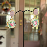 Whimsical Floral Embroidered Dangle Earrings,  Repurposed Vintage Earrings