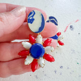 Red, White and Blue Floral Whimsical Dangle Earrings