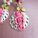 Pink and Green  Floral Pastel Upcycled Vintage Dangle Earrings