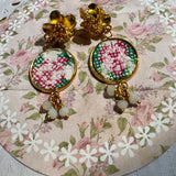 Whimsical Floral Embroidered Dangle Earrings,  Repurposed Vintage Earrings