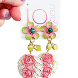 Pink and Green  Floral Pastel Upcycled Vintage Dangle Earrings