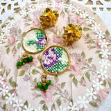Whimsical Floral Embroidered Dangle Earrings,  Repurposed Vintage Earrings