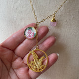 Floral Vintage Embroidered Charm Necklace, Lariat, Handmade Sentimental Jewelry