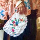 Vintage Repurposed Embroidered Floral Fabric Clutch Handbag