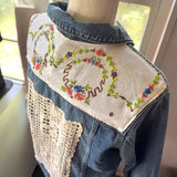 Embroidered Up-Cycled Jean Jacket| Crochet Cutout Back