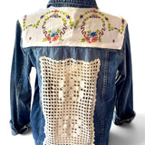 Embroidered Up-Cycled Jean Jacket| Crochet Cutout Back