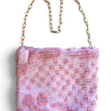 Vintage Repurposed Chenille Fabric Shoulder Bag with Brooch Embellishment| Pink Fabric Handbag
