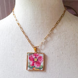 Floral Vintage Embroidered Charm Necklace, Handmade Sentimental Jewelry