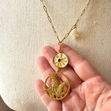 Floral Vintage Embroidered Charm Necklace, Lariat, Handmade Sentimental Jewelry