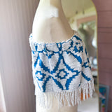 Boho Romantic Blue and White Fringe Strapless Crop Top
