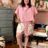 Handmade Pink Gingham Floral Mid Rise Shorts With Oversize Embroidered Pockets
