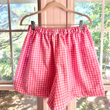 Handmade Pink Gingham Floral Mid Rise Shorts With Oversize Embroidered Pockets