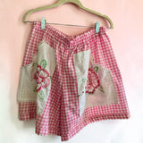 Handmade Pink Gingham Floral Mid Rise Shorts With Oversize Embroidered Pockets