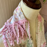 Repurposed Pink and Green Floral Vintage Chenille Patchwork Scarf