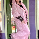 Upcycled Pink Chenille Fringe Loungewear Pants, Boho Beach Cover up