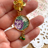 Whimsical Floral Embroidered Dangle Earrings,  Repurposed Vintage Earrings