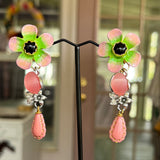 Floral  Whimsical Dangle Earrings,Upcycled Vintage