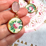 Whimsical Floral Embroidered Dangle Earrings,  Repurposed Vintage Earrings