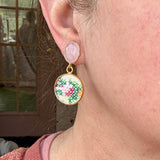 Whimsical Floral Embroidered Dangle Earrings,  Repurposed Vintage Earrings
