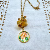 Floral Vintage Embroidered Charm Necklace, Handmade Sentimental Jewelry
