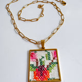 Floral Vintage Embroidered Charm Layering Necklace, Handmade Sentimental Jewelry