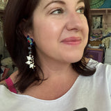 White and Blue Floral Whimsical Dangle Earrings